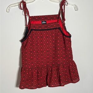 Caribbean Red and Black Patterned Lined Top with Ties at Shoulders. Size XS